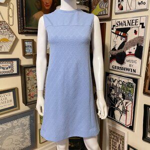 60s Vintage Light Blue Textured Knit Polyester Sleeveless Mod Shift Dress S